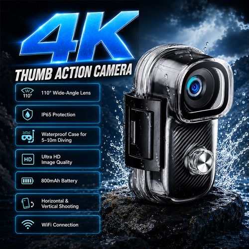 4K Thumb Action Camera, Tiny Size, Mount Anywhere, Small Body Camera, with Spring Clip, Portable Vlogging, Hands-Free POV Recording, Helmet Cam for Cycling, Motorcycle