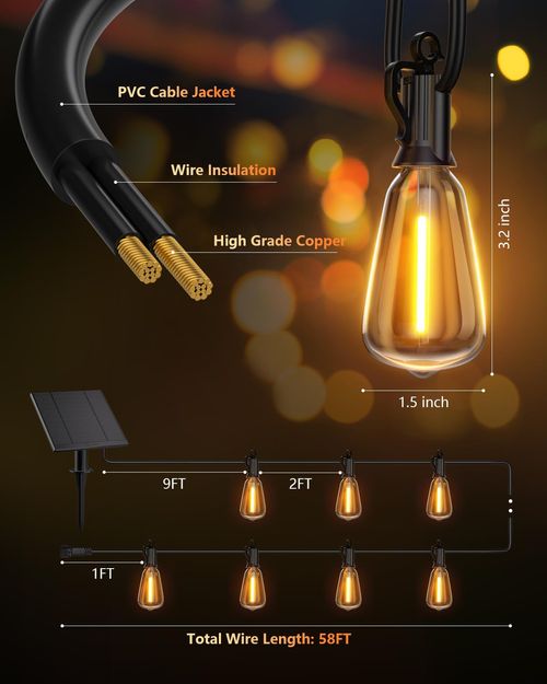 50ft Solar String Lights, LED Outdoor Waterproof, Shatterproof LED Bulbs, Remote-Controlled Adjustable Solar-Powered Decking & Patio Lighting, Light Sensor-Activated, IR Remote Dimmable, Dusk-to-Dawn, Home Decor