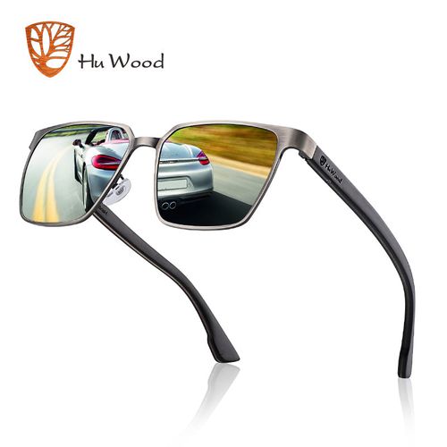 Men's Square Metal Frame Sunglasses Spring Wood Temple With Polarized Lenses 4 Colors Gr8037