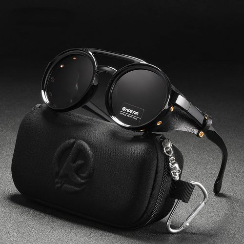 KDEAM Vintage Round Sunglasses Men Women Leather Shield Sun Glasses  Twin Bridge Designed Shade KD179