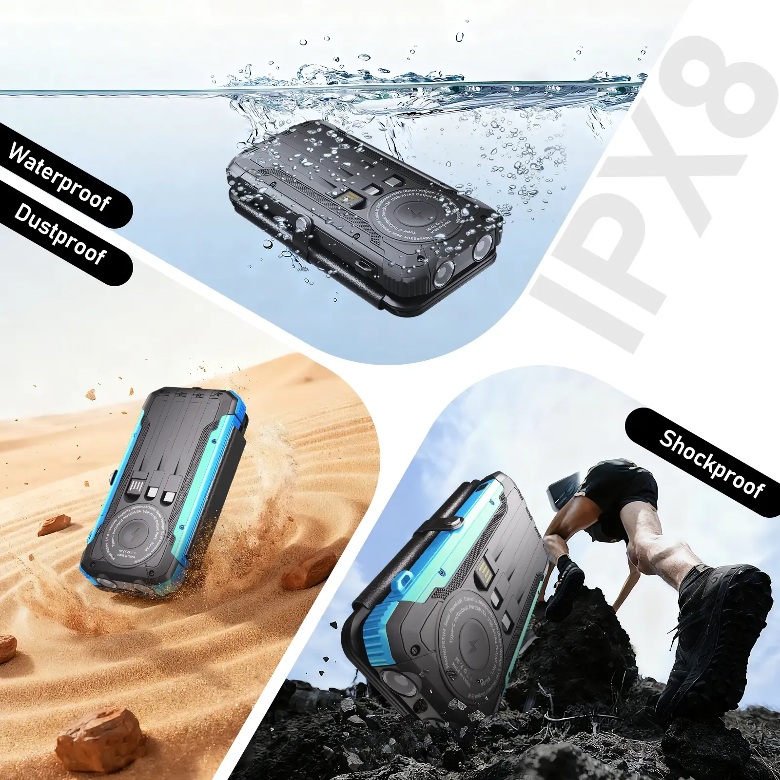 ⚡ 20000mAh Solar Power Bank, 4 Panels, All Phones Compatible
