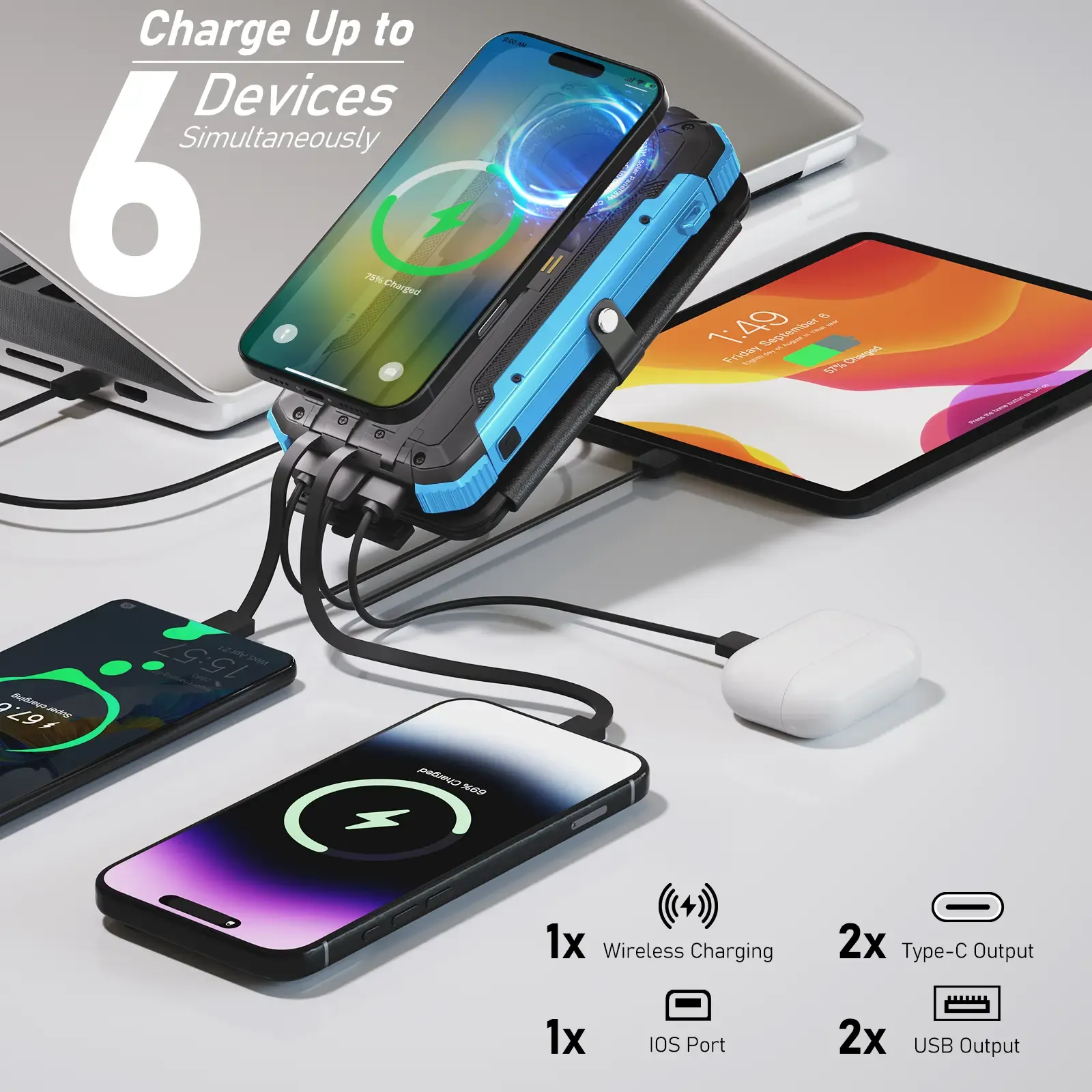 ⚡ 20000mAh Solar Power Bank, 4 Panels, All Phones Compatible