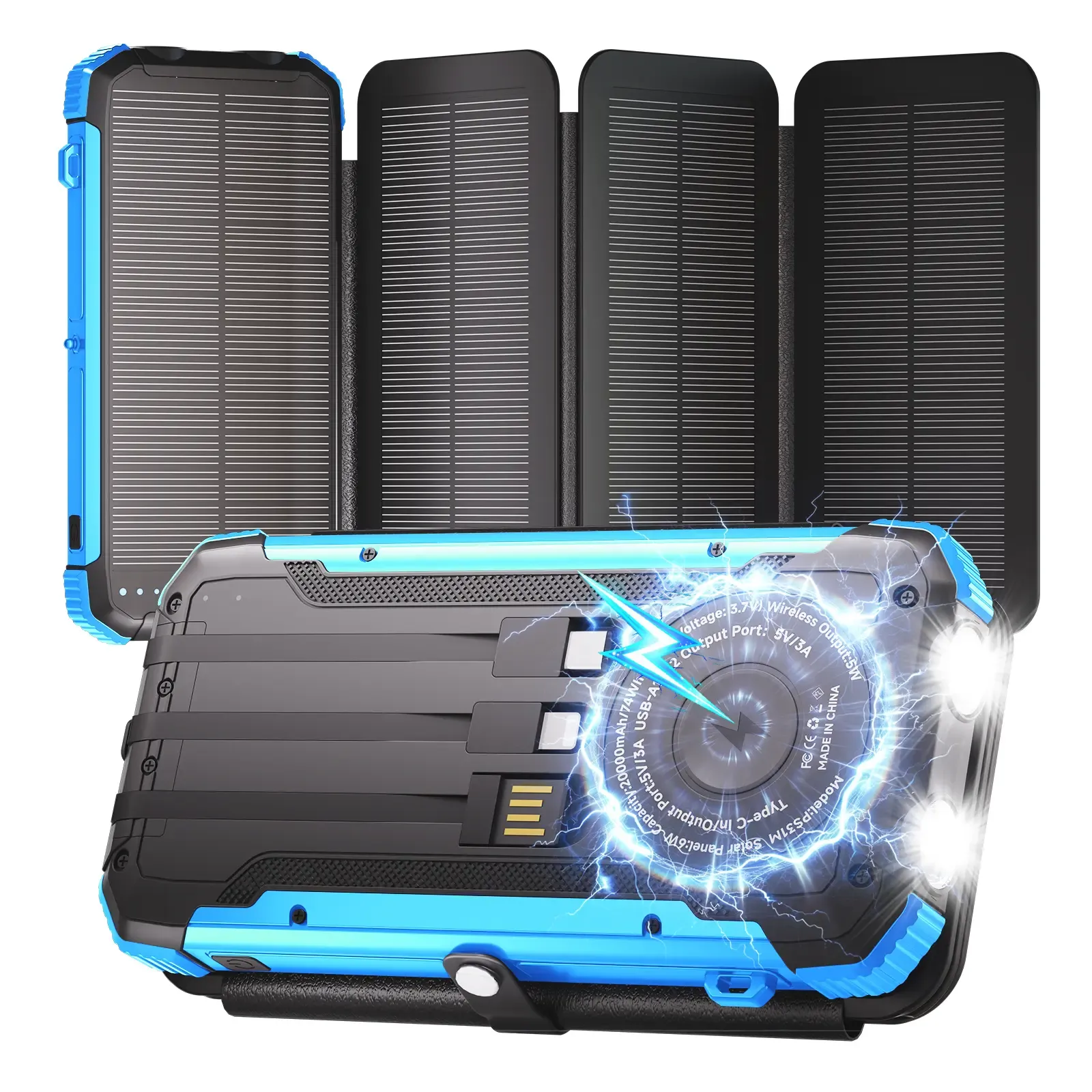 ⚡ 20000mAh Solar Power Bank, 4 Panels, All Phones Compatible