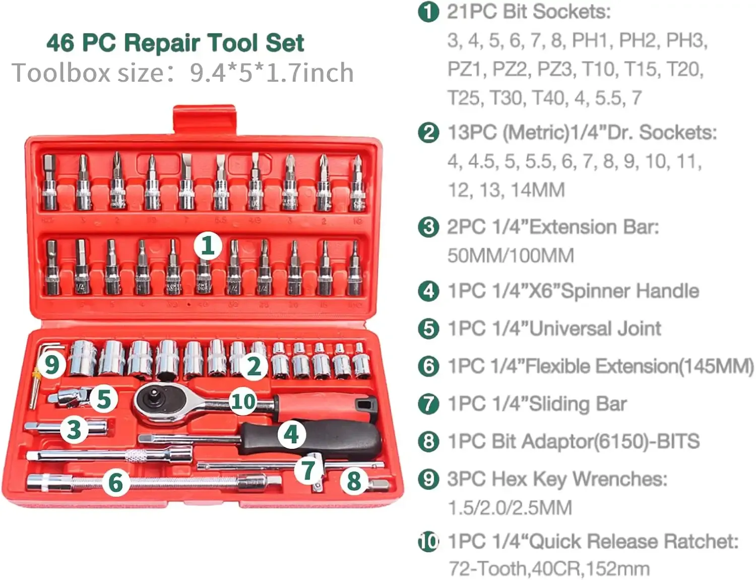 46pcs Multi-Functional Auto Repair Wrench Set Universal Manual Tool Box Small Hand Tools Including Socket Set