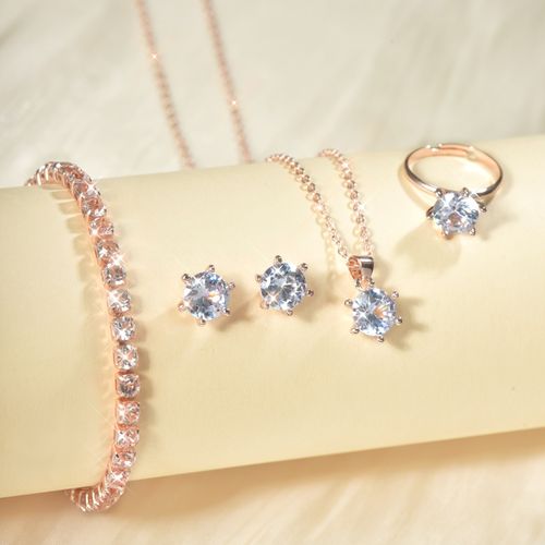 Plated Alloy Moissanite Jewelry Set, Necklace Bracelet Ring Earrings 4-Piece