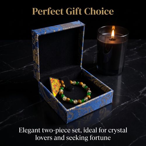 2-Piece Sacred Gift Box: Natural Tiger's Eye, Green Agate & Citrine Bracelet + Blessed Amulet, Boost Career & Wealth, Bring Peace for Men & Women
