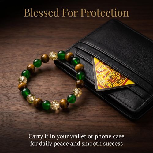 2-Piece Sacred Gift Box: Natural Tiger's Eye, Green Agate & Citrine Bracelet + Blessed Amulet, Boost Career & Wealth, Bring Peace for Men & Women