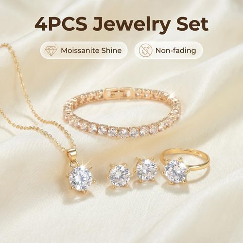 Plated Alloy Moissanite Jewelry Set, Necklace Bracelet Ring Earrings 4-Piece