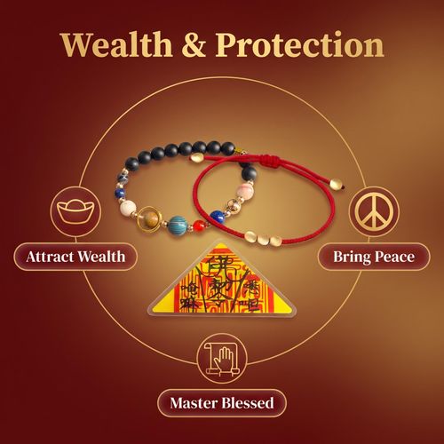 3-Piece Sacred Gift Box: 8 Planets Natural Stone Bracelet, 18K Gold Plated Cinnabar Red String & Blessed Amulet, Bring Fortune & Safety for Men Women