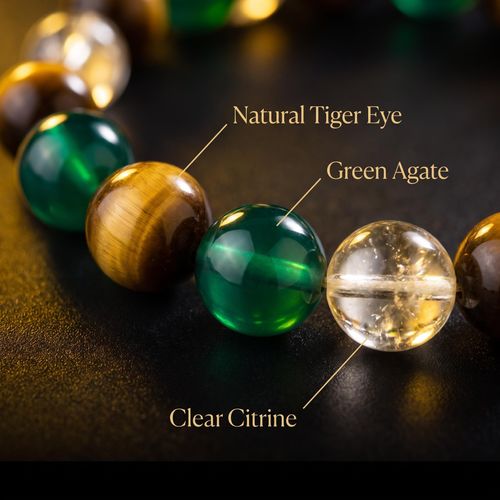 2-Piece Sacred Gift Box: Natural Tiger's Eye, Green Agate & Citrine Bracelet + Blessed Amulet, Boost Career & Wealth, Bring Peace for Men & Women
