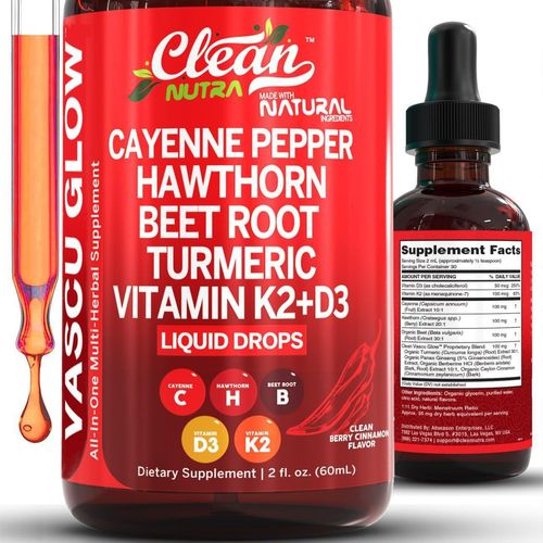 Chili pepper, hawthorn, vitamin D3K2, organic sugar beet, cinnamon, turmeric, ginseng and other health supplement liquid drops