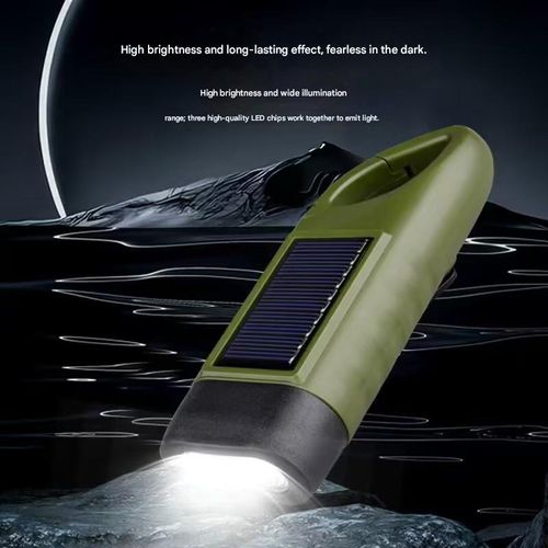 Solar powered hand cranked outdoor rescue flashlight, portable recoil multi-purpose LED household emergency light, strong light illumination