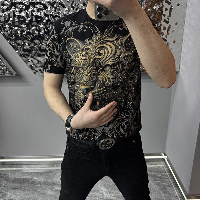Personalized printed tiger head rhinestone men's T-shirt, comfortable