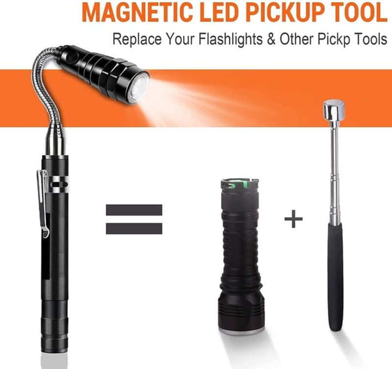 Telescopic magnetic pickup tool with light