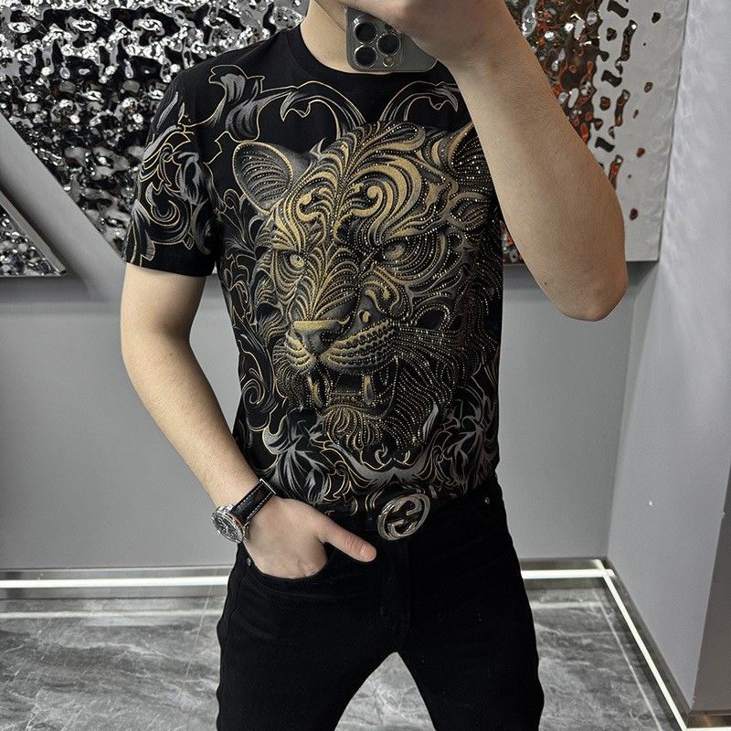 Personalized printed tiger head rhinestone men's T-shirt, comfortable