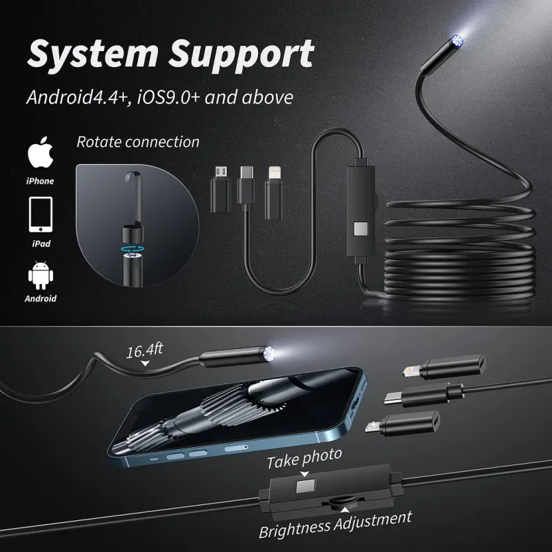 Plug-and-Play Endoscope Camera – Compatible with Android & iPhone & ipad for Direct Connection