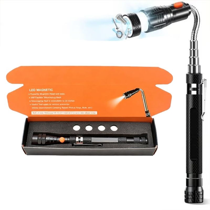 Telescopic magnetic pickup tool with light