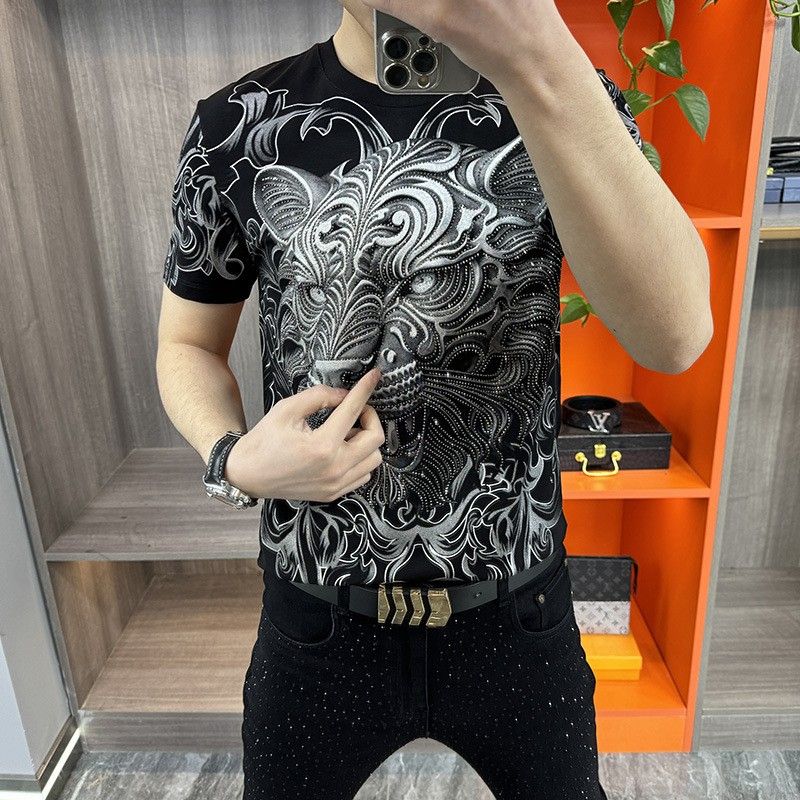 Personalized printed tiger head rhinestone men's T-shirt, comfortable