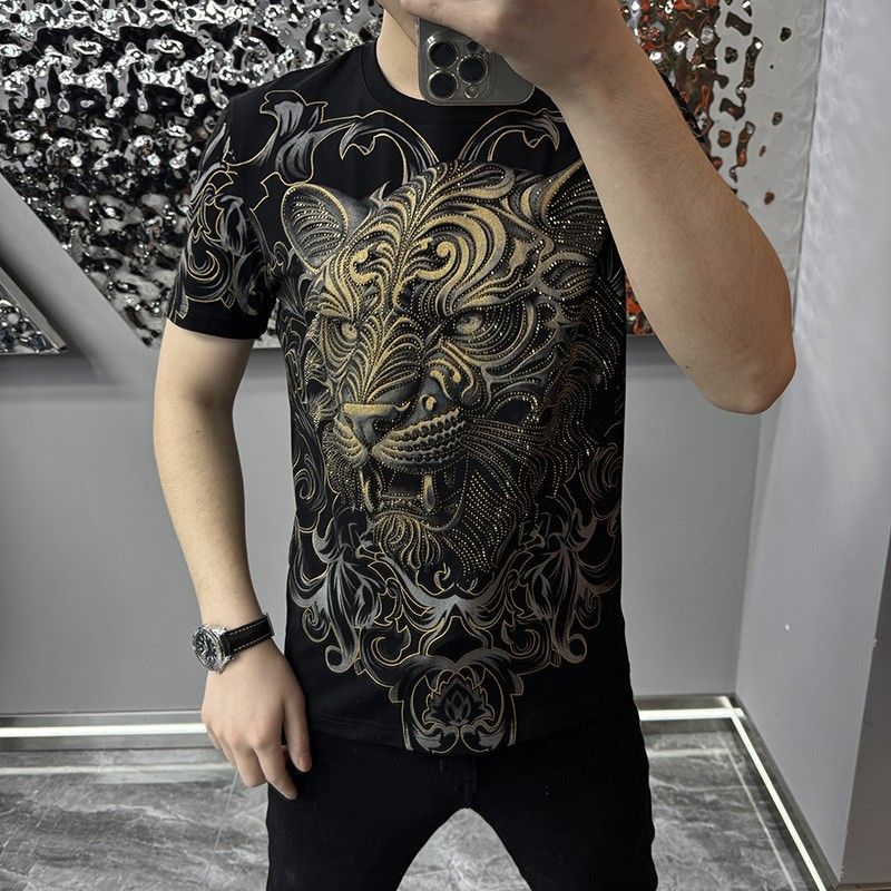 Personalized printed tiger head rhinestone men's T-shirt, comfortable
