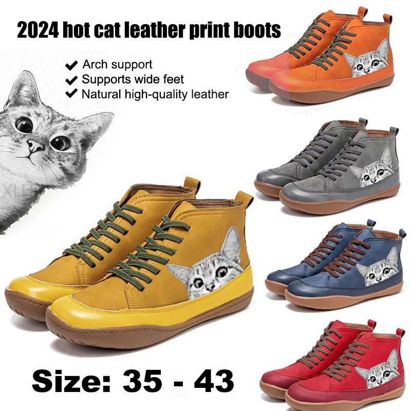 2024 Hot Style Printed Cat Genuine Leather Women Shoes