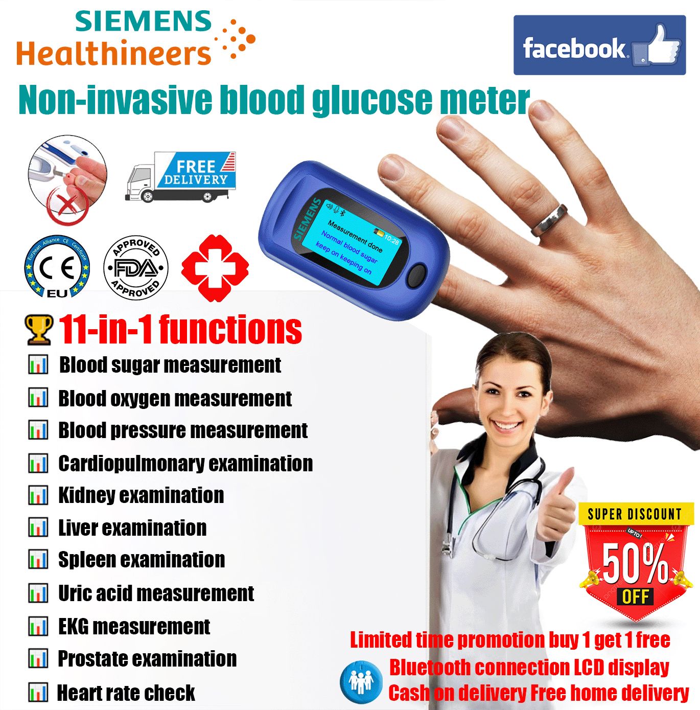 Buy 1 Get 1 Free Siemens 11-in-1 Non-invasive Multi-function Blood Glucose Meter