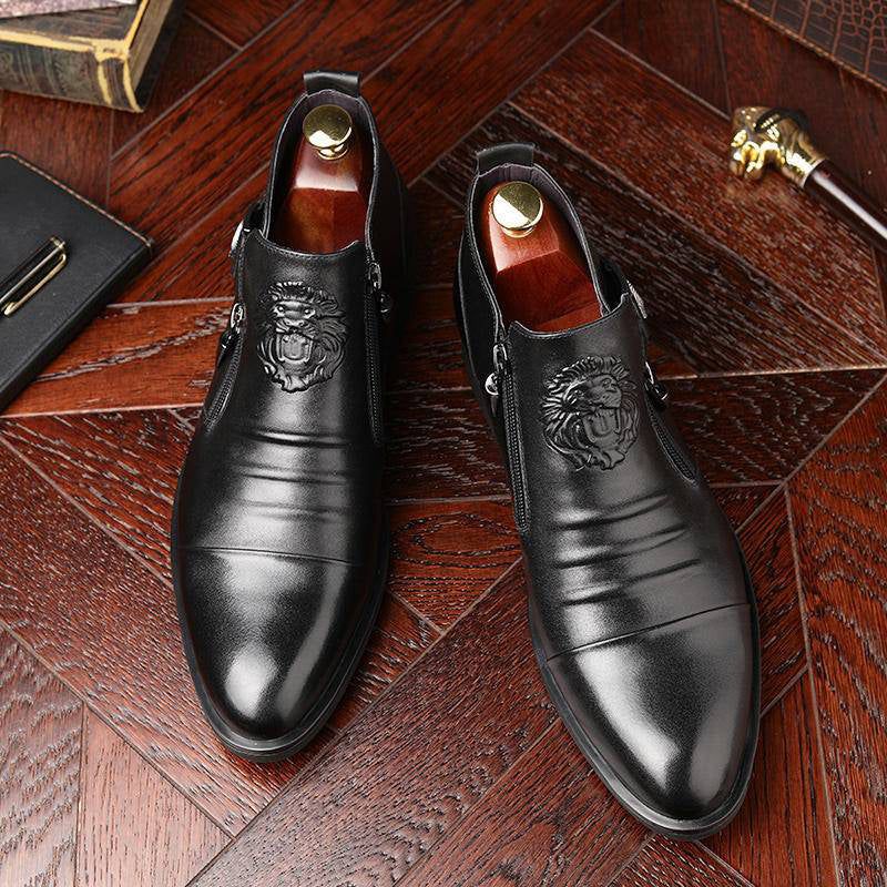 Men's Natural Leather Double Sided Zipper Pointed Toe Ankle Boots