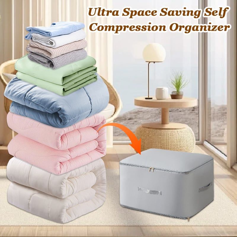 Ultra space-saving self-compressing organizer