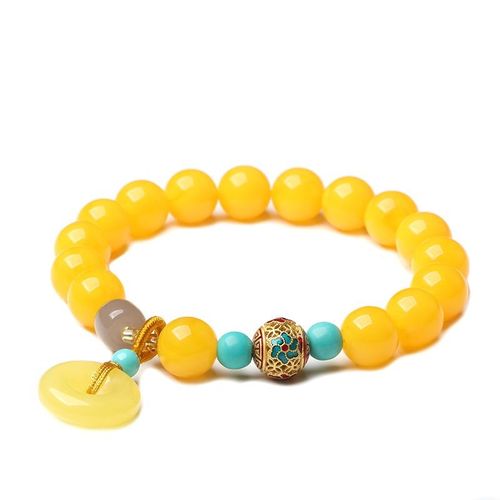 10mm Retro Style Single Strand Bracelet, Imitation Chicken-yellow Beeswax & Yellow Agate, Women's Vintage Literary Accessory, Simulated Jasper