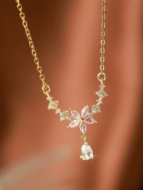Full Rhinestone Cherry Blossom Waterdrop Tassel Titanium Steel Necklace for Women