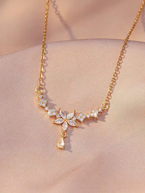 Full Rhinestone Cherry Blossom Waterdrop Tassel Titanium Steel Necklace for Women