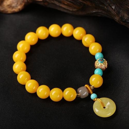 10mm Retro Style Single Strand Bracelet, Imitation Chicken-yellow Beeswax & Yellow Agate, Women's Vintage Literary Accessory, Simulated Jasper
