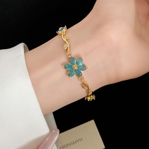 Women Fashion Petal Branch Bracelet with Colorful Zircon, Full Paved Shiny Diamond Flower Hand Jewelry, Elegant Luxury High Sense Wrist Bangle for Daily Party Wear