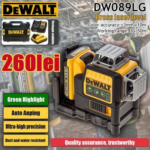 Reducere de 50% pe perioadă limitată—Nivel laser DEWALT DW089LG cu 16 fire: baterie originală + încărcător rapid + cutie de depozitare pentru scule, rază vizibilă de până la 120 de metri sub lumină puternică