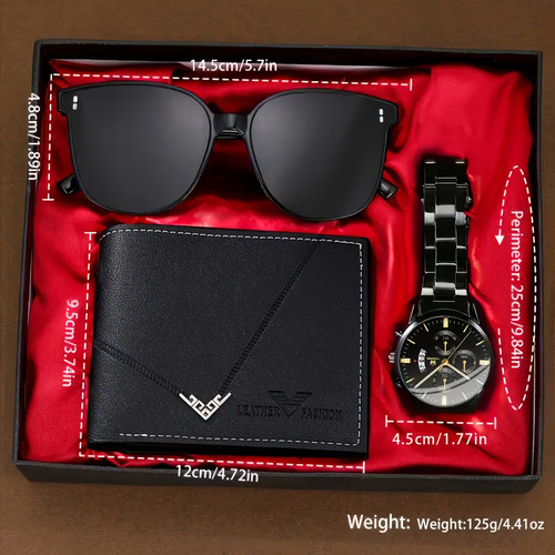 3-piece sports steel watch + exquisite wallet and handsome fashion glasses men's watch set