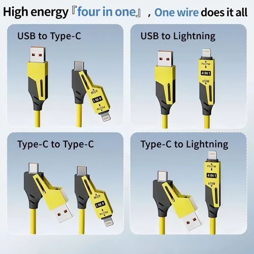 4pack 4in 1 Fast Charging Cable - Universal Retractable 65W USB-C Charger Cord Compatible for iPhone Laptops & Tablets