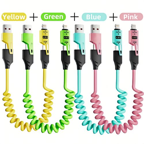4pack 4in 1 Fast Charging Cable - Universal Retractable 65W USB-C Charger Cord Compatible for iPhone Laptops & Tablets