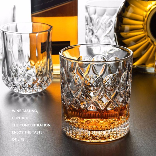 High-end embossed whiskey glassware for home use, elegant bar glassware for classic spirits, high-value barware.