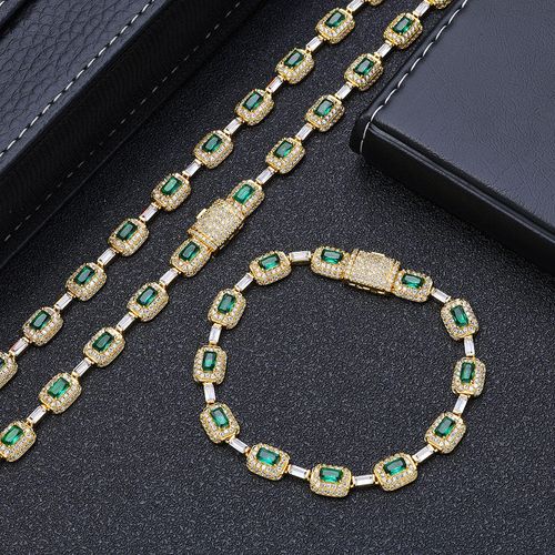 Women's Jewelry Gold Plated Green Baguette Diamond Chain Bracelet Micro Pave Emerald Zircon Fashion Bracelet