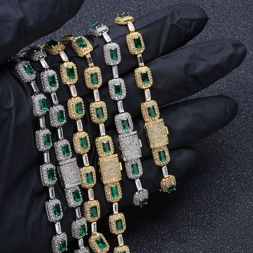 Women's Jewelry Gold Plated Green Baguette Diamond Chain Bracelet Micro Pave Emerald Zircon Fashion Bracelet