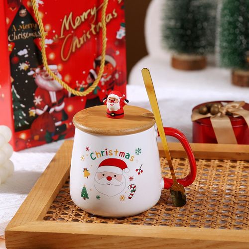 Cute Santa Claus and Christmas Tree Design Ceramic Mug with Lid and Spoon Classic Cross-Border Water Cup Gift for Parties