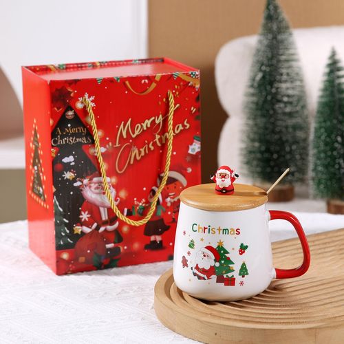 Cute Santa Claus and Christmas Tree Design Ceramic Mug with Lid and Spoon Classic Cross-Border Water Cup Gift for Parties