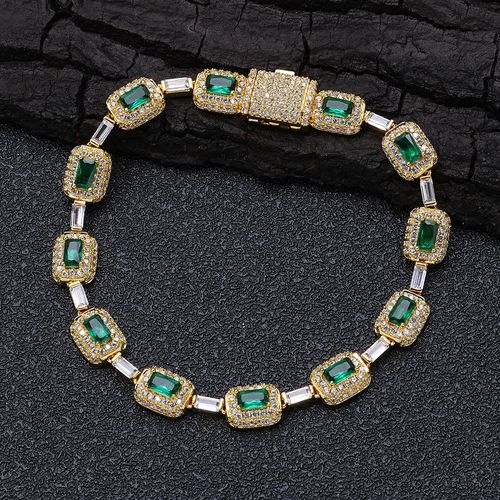 Women's Jewelry Gold Plated Green Baguette Diamond Chain Bracelet Micro Pave Emerald Zircon Fashion Bracelet