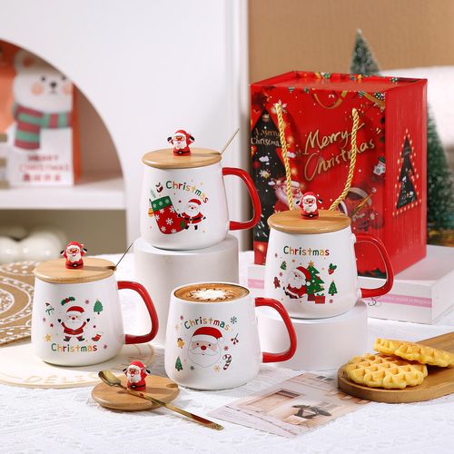 Cute Santa Claus and Christmas Tree Design Ceramic Mug with Lid and Spoon Classic Cross-Border Water Cup Gift for Parties