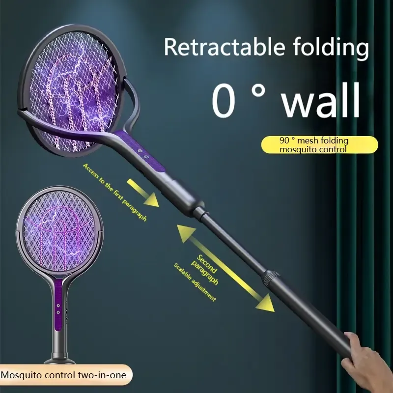 Foldable Telescopic Electric Fly Swatter 90 Degree Rotatable Mosquito Racket with Purple Light