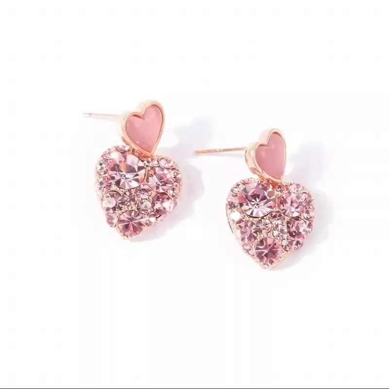 Elegant Pink Heart Crystal Earrings for Girls Dainty Love Studs Fashion Jewelry for He