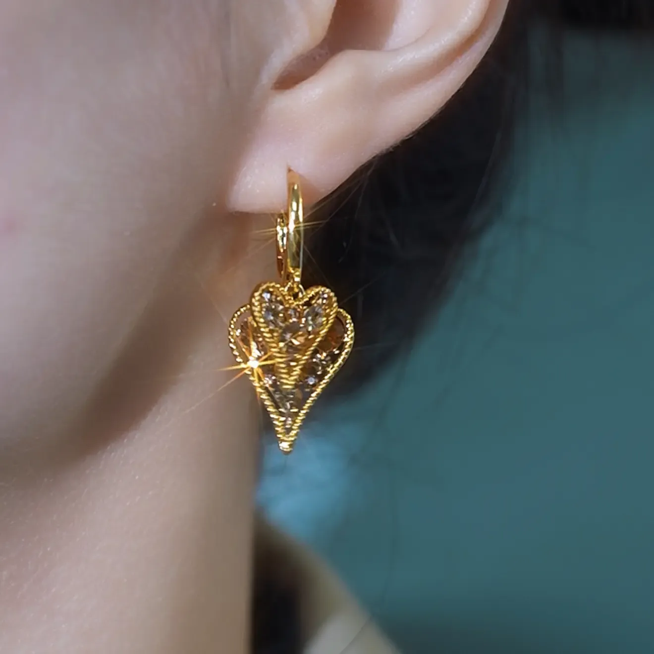 Luxury Gold Double Heart Crystal Drop Earrings for Women