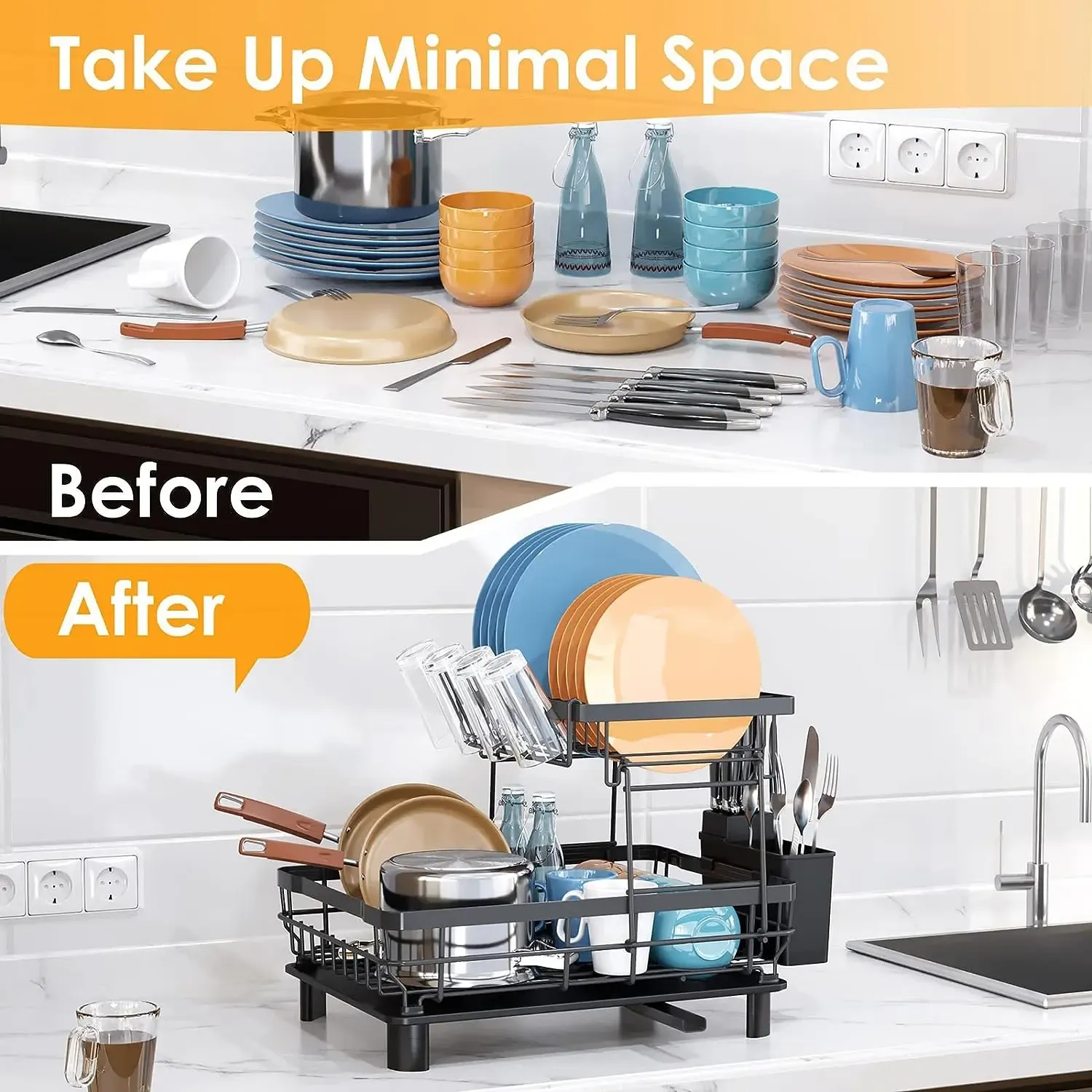 2 Tier Dish Drying Rack with Auto Drain System Detachable Cup Holder Utensil Holder Anti Rust Dish Rack for Kitchen Counter