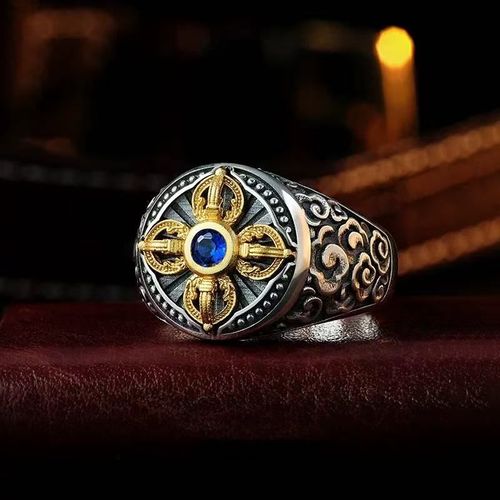Eye-Catching Presence Vintage Two-Tone Metal Cross Ring Inlaid with Blue Crystal Adjustable Opening + Stunning Relief Design Comes with Gift Box Men Look Extra Stylish with Layered Charm