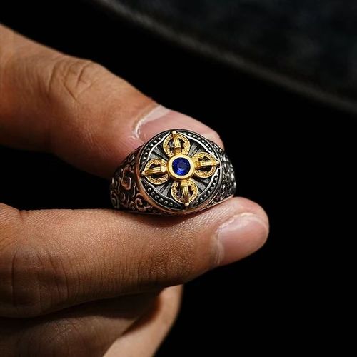 Eye-Catching Presence Vintage Two-Tone Metal Cross Ring Inlaid with Blue Crystal Adjustable Opening + Stunning Relief Design Comes with Gift Box Men Look Extra Stylish with Layered Charm