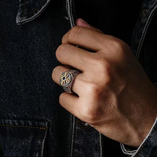 Eye-Catching Presence Vintage Two-Tone Metal Cross Ring Inlaid with Blue Crystal Adjustable Opening + Stunning Relief Design Comes with Gift Box Men Look Extra Stylish with Layered Charm